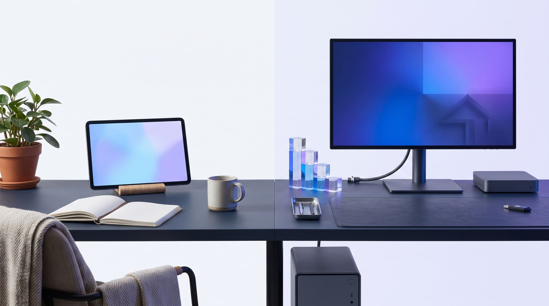 A split editorial workstation contrasting a calm home setup with an advanced professional setup.