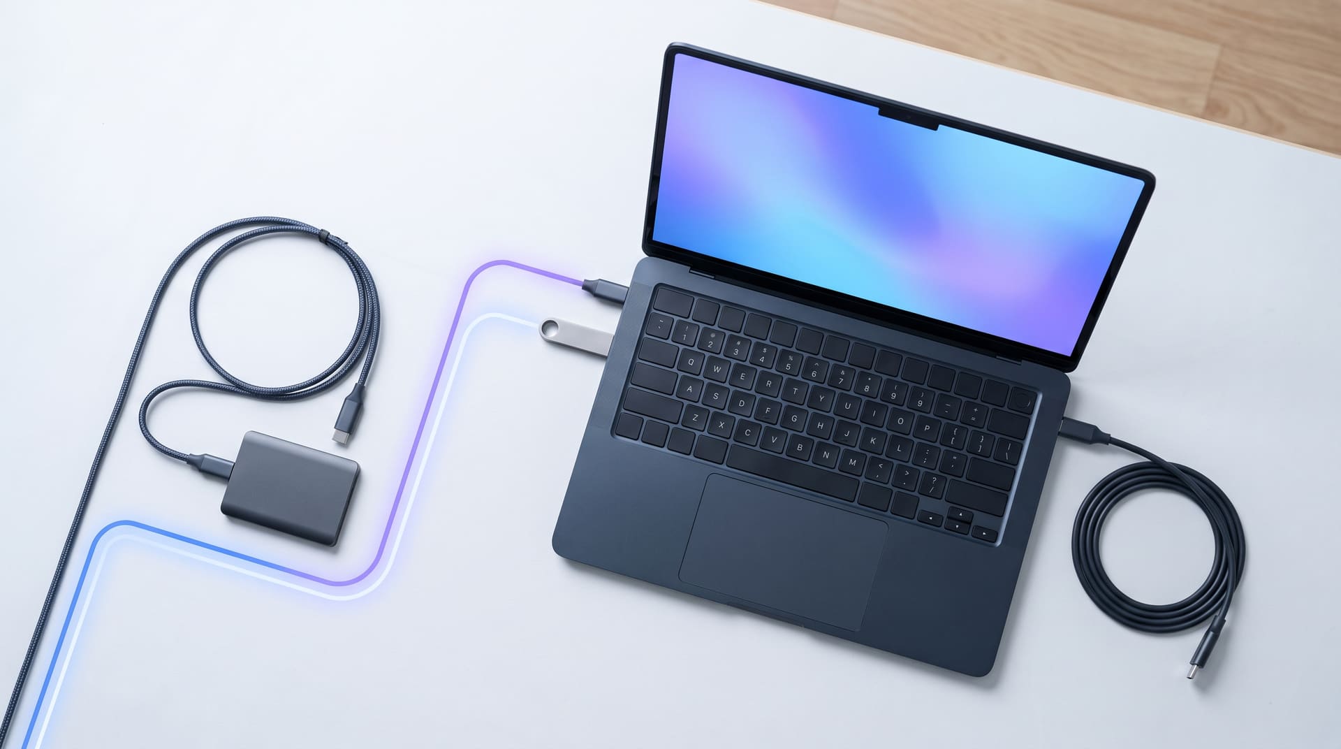 A Windows 11 installation workspace with a laptop, USB installer, checklist, and backup drive.